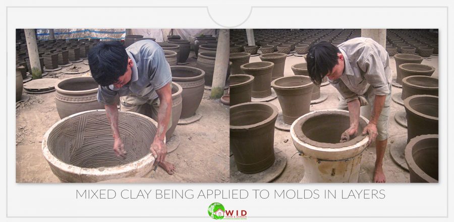 Clay being layered into molds